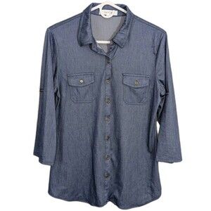 Women's Medium Shirt Blouse Blue Casual Button Front 3/4 Sleeve